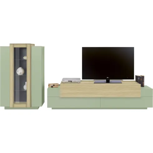 Parete Attrezzata Soggiorno 280 cm Verde Salvia Rovere Porta TV Vetrina