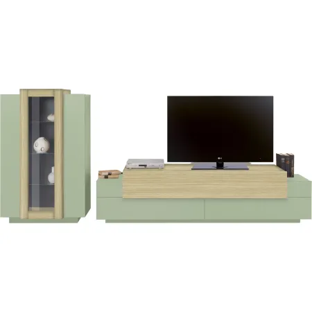 Parete Attrezzata Soggiorno 280 cm Verde Salvia Rovere Porta TV Vetrina