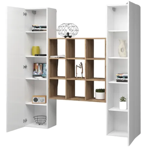 Parete Attrezzata Libreria Soggiorno Bianco Lucido Rovere 170 cm