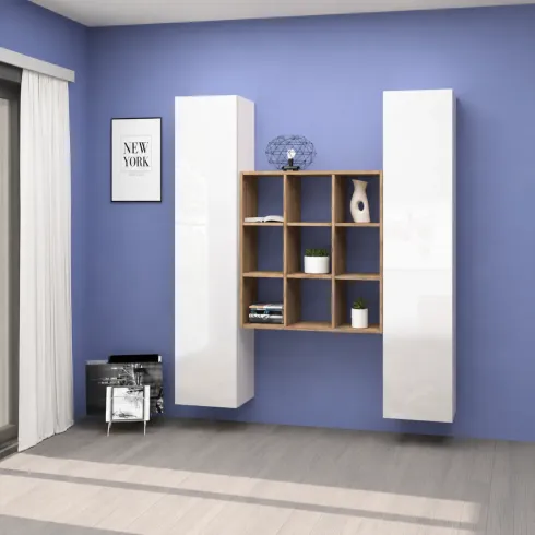 Parete Attrezzata Libreria Soggiorno Bianco Lucido Rovere 170 cm
