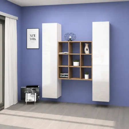 Parete Attrezzata Libreria Soggiorno Bianco Lucido Rovere 170 cm
