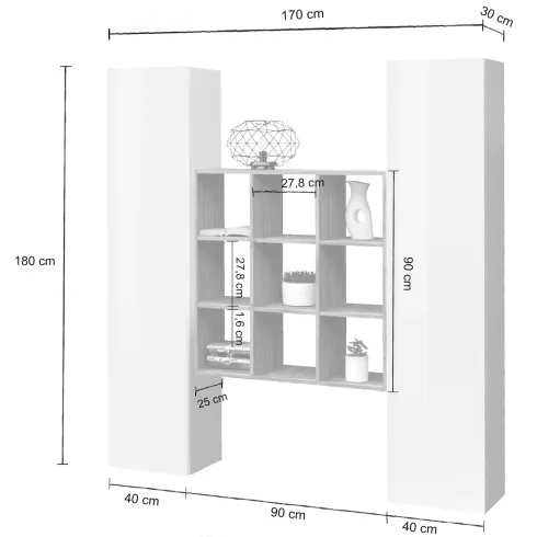 Parete Attrezzata Libreria Soggiorno Bianco Lucido Rovere 170 cm