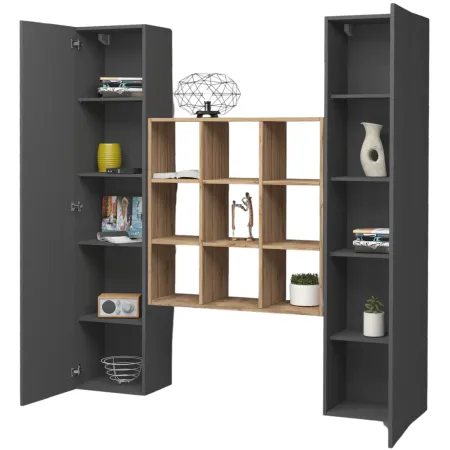 Parete Attrezzata Libreria per Soggiorno Antracite Opaco Rovere 170 cm