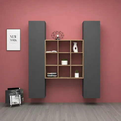 Parete Attrezzata Libreria per Soggiorno Antracite Opaco Rovere 170 cm