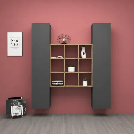 Parete Attrezzata Libreria per Soggiorno Antracite Opaco Rovere 170 cm