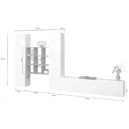 Parete Soggiorno Attrezzata 350 cm TV Colonne Libreria Bianco Rovere