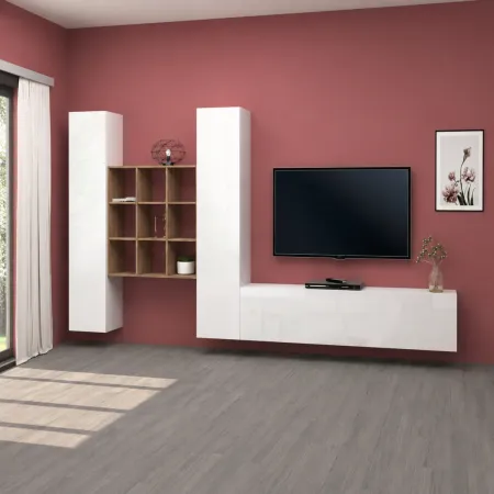 Parete Soggiorno Attrezzata 350 cm TV Colonne Libreria Bianco Rovere