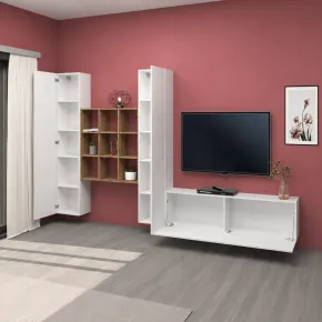 Parete Soggiorno Attrezzata 350 cm TV Colonne Libreria Bianco Rovere 2