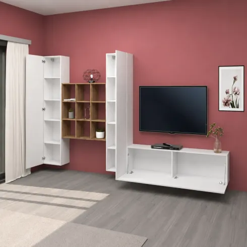 Parete Soggiorno Attrezzata 350 cm TV Colonne Libreria Bianco Rovere