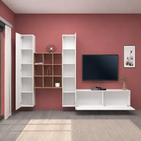 Parete Soggiorno Attrezzata 350 cm TV Colonne Libreria Bianco Rovere