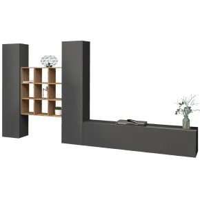 Parete Soggiorno Attrezzata 350 cm TV Colonne Libreria Antracite Rovere