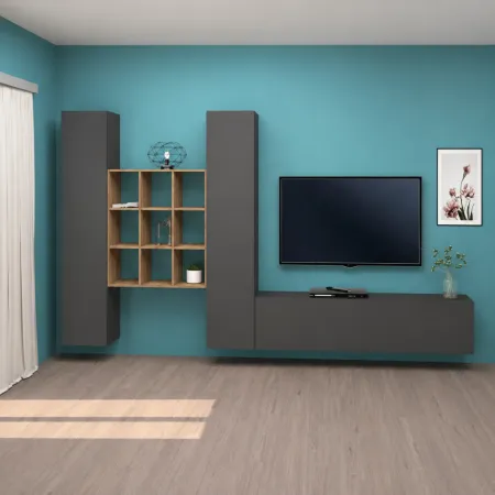 Parete Soggiorno Attrezzata 350 cm TV Colonne Libreria Antracite Rovere