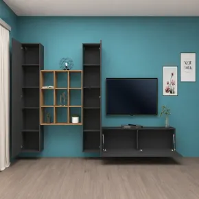 Parete Soggiorno Attrezzata 350 cm TV Colonne Libreria Antracite Rovere 2
