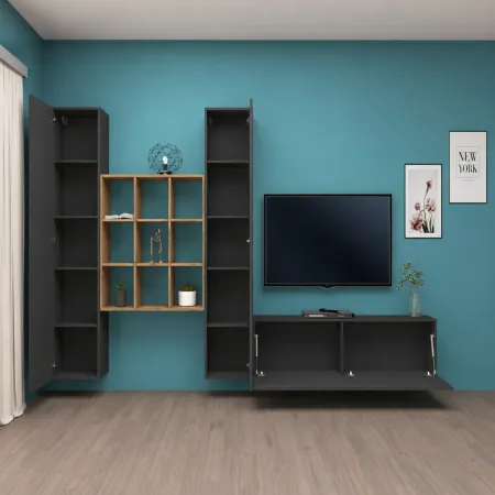 Parete Soggiorno Attrezzata 350 cm TV Colonne Libreria Antracite Rovere