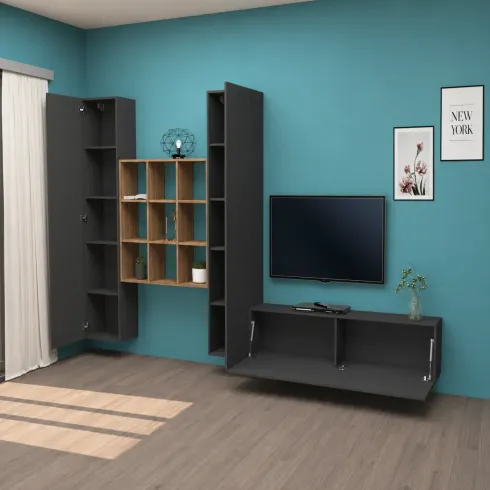 Parete Soggiorno Attrezzata 350 cm TV Colonne Libreria Antracite Rovere