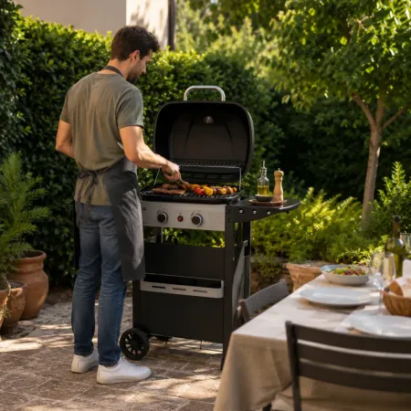 Barbecue a Gas 2 Fuochi 5 kW Griglia in Ghisa Smaltata Scaldavivande