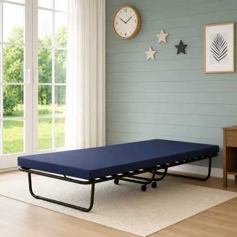 Letto Singolo Pieghevole in Acciaio con Materasso 80x190 cm con Ruote