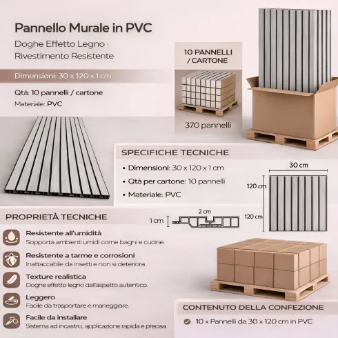 Set 10 Pannelli Murali in PVC Effetto Doghe Legno 30x120cm a Incastro