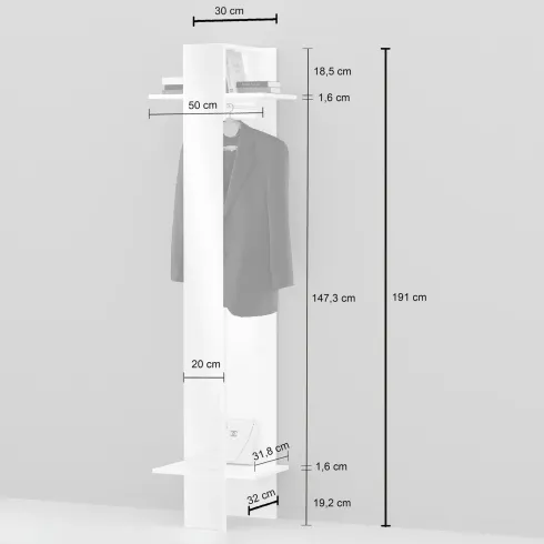 Appendiabiti da Ingresso con Specchio Bianco 2 Ripiani 50x35x191cm