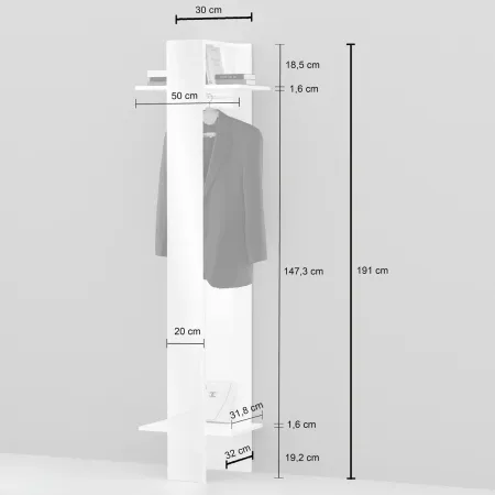 Appendiabiti da Ingresso con Specchio Bianco 2 Ripiani 50x35x191cm