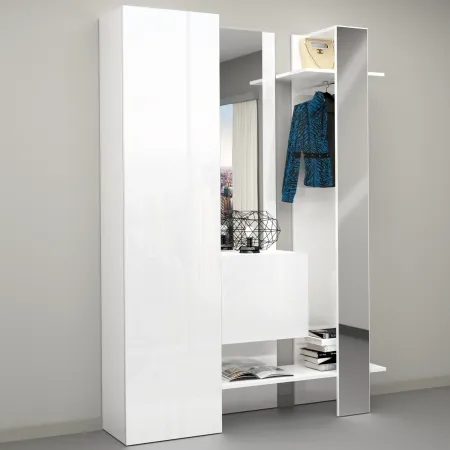 Mobile da Ingresso con Scarpiera Appendiabiti Specchio Bianco Lucido