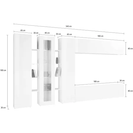 Parete Attrezzata Soggiorno Asimmetrica 340cm Colonne Vetrina Porta Tv