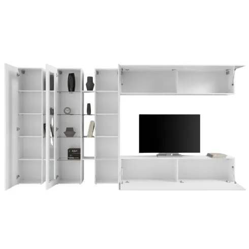 Parete Attrezzata Soggiorno Asimmetrica 340cm Colonne Vetrina Porta Tv