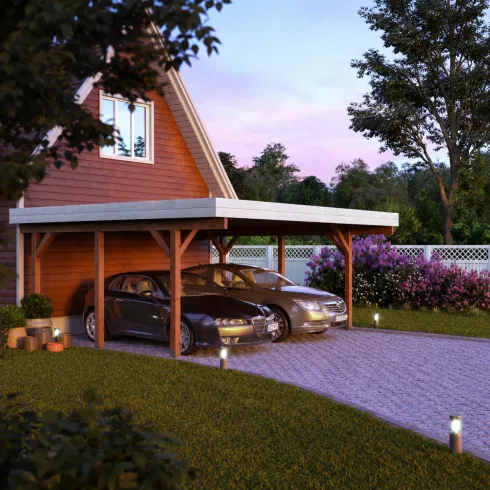 Carport Auto Doppio in Legno Abete Grezzo 600x562x321 cm con Copertura