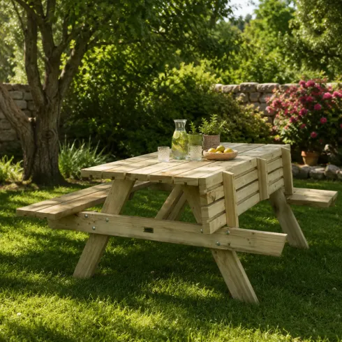 Tavolo da Picnic in Legno Impregnato con Panche Integrate da Giardino