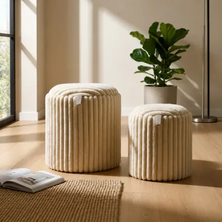 Set 2 Pouf Contenitori Imbottiti Bianco Seduta Tavolino Soggiorno Camera