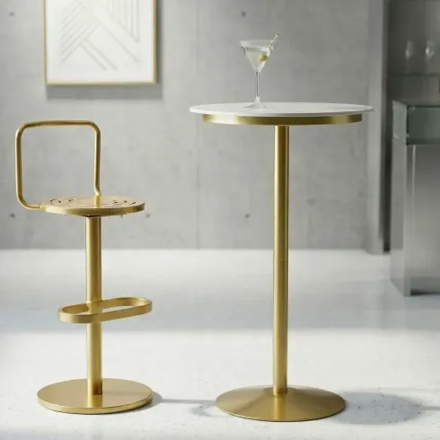 Tavolo da Bar Alto in Metallo Oro 60x60x103cm con Piano Effetto Marmo