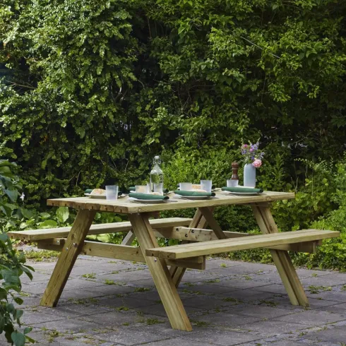 Tavolo Picnic in Legno da Esterno con Panche Richiudibili 177x153x76cm
