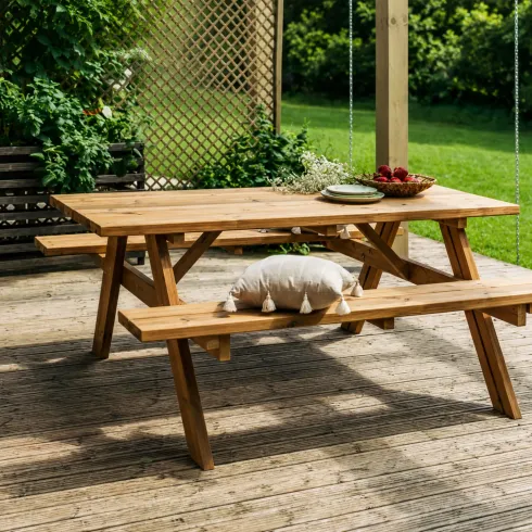 Tavolo Picnic in Legno Termotrattato Panche Richiudibili 177x153x76cm