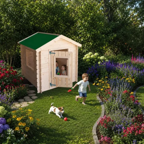 Casetta per Bambini in Legno Snoopy 98x98x112cm con Porta Finestrata