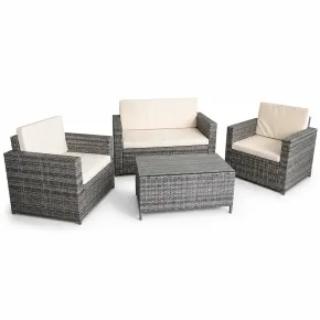 Salotto Giardino Grigio Effetto Rattan Divano Poltrone Tavolo Cuscini