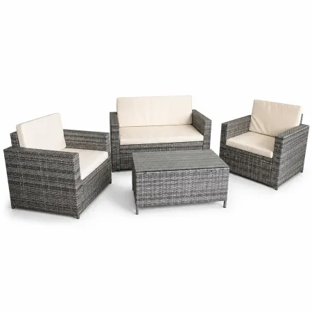 Salotto Giardino Grigio Effetto Rattan Divano Poltrone Tavolo Cuscini