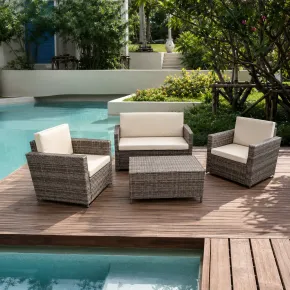 Salotto Giardino Grigio Effetto Rattan Divano Poltrone Tavolo Cuscini 2