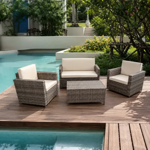 Salotto Giardino Grigio Effetto Rattan Divano Poltrone Tavolo Cuscini