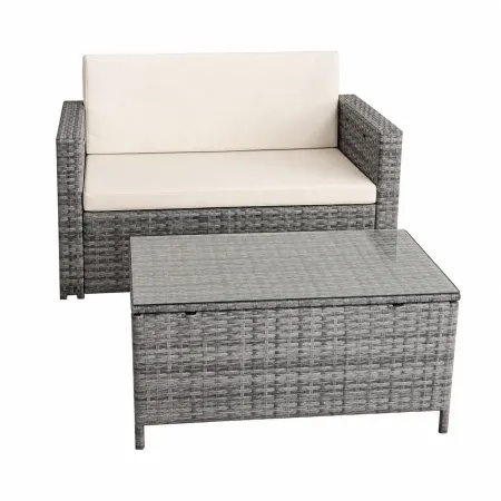 Salotto Giardino Grigio Effetto Rattan Divano Poltrone Tavolo Cuscini