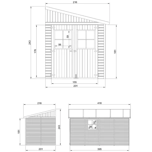 Casetta da Giardino 2x4 m in Legno 17 mm Addossata Aperta Doppia Porta