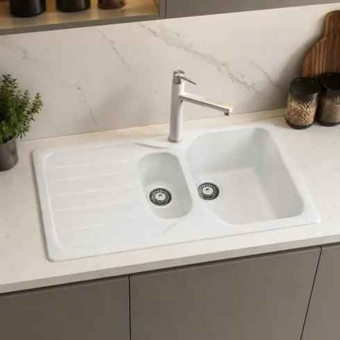 Lavello Cucina 2 Vasche con Gocciolatoio Reversibile Fragranite Bianco