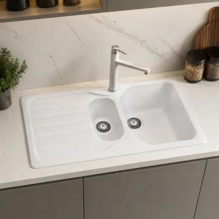 Lavello Cucina 2 Vasche con Gocciolatoio Reversibile Fragranite Bianco