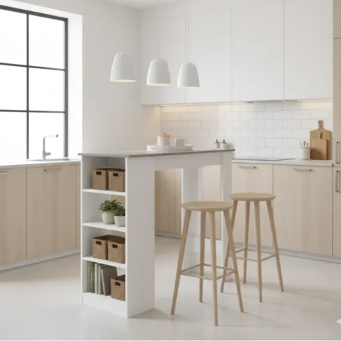 Tavolo Consolle Alto Isola Cucina con 3 Ripiani Bianco Cemento 112 cm