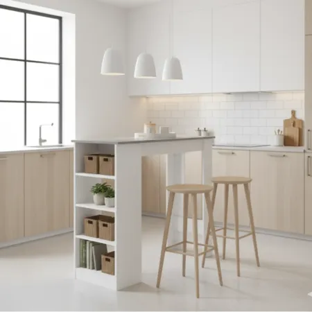 Tavolo Consolle Alto Isola Cucina con 3 Ripiani Bianco Cemento 112 cm