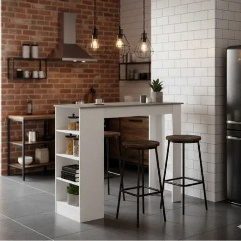 Tavolo Consolle Alto Isola Cucina con 3 Ripiani Bianco Cemento 112 cm