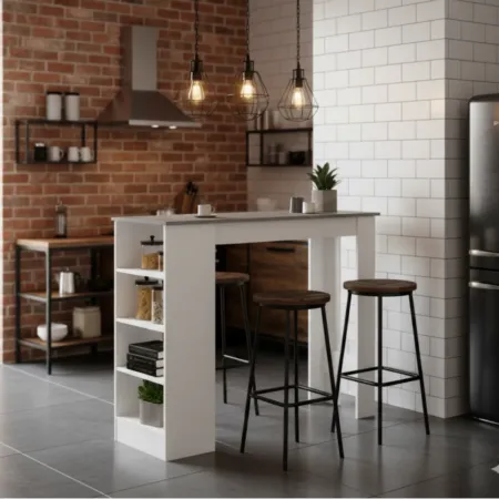 Tavolo Consolle Alto Isola Cucina con 3 Ripiani Bianco Cemento 112 cm