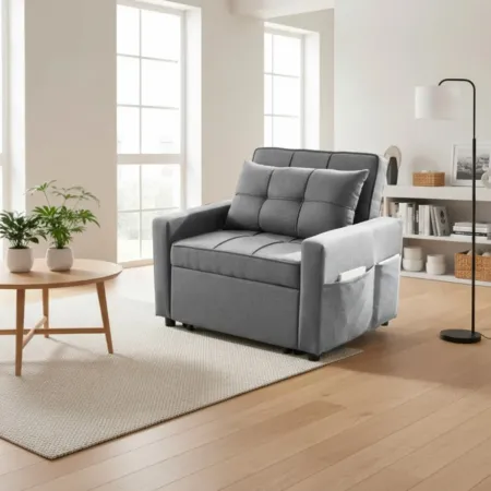 Poltrona Letto per Soggiorno Camera da Letto Tessuto Grigio Tasche Laterali
