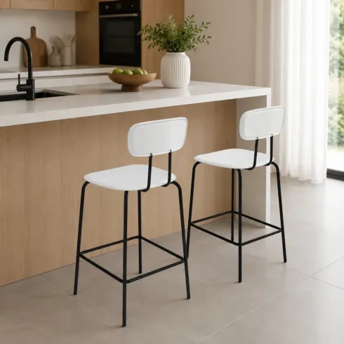 Set 2 Sgabelli da Bar per Cucina Penisola Ecopelle Bianco con Schienale