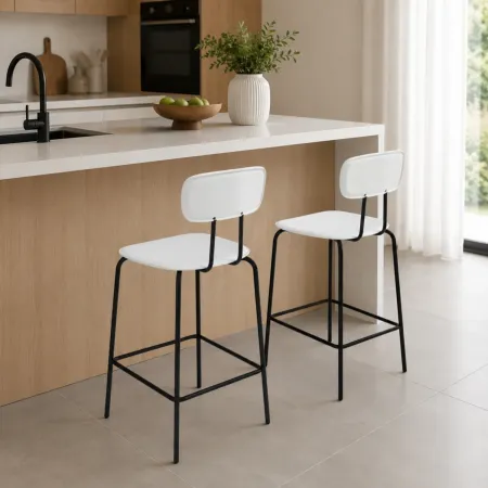 Set 2 Sgabelli da Bar per Cucina Penisola Ecopelle Bianco con Schienale