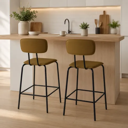 Set 2 Sgabelli per Cucina Penisola in Ecopelle Marrone Effetto Cuoio